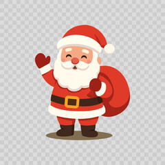 Cute illustration of Santa Claus with a gift bag on a transparent background. Perfect for Christmas cards, holiday posters, advertising layouts and festive design. Vector illustration EPS10.