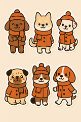 Cute Autumn Dogs Sticker Set in Cozy Clothes Vector