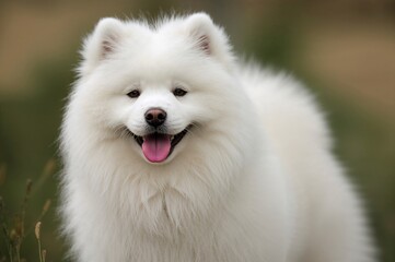 Fototapeta premium Cute long-haired furry dog showing pink tongue in natural setting