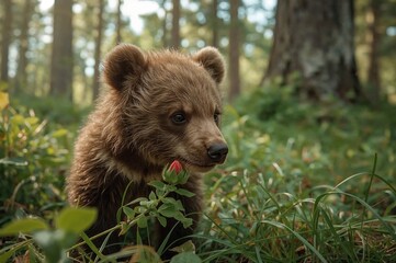 Obraz premium Charming little bear cub sniffing a flower with a muddy snout