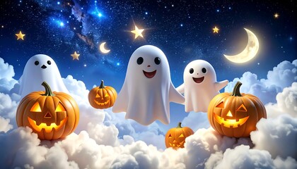 Whimsical illustration depicts smiling ghosts frolicking with illuminated jack-o'-lanterns amidst fluffy clouds beneath a star-studded night sky with a crescent moon