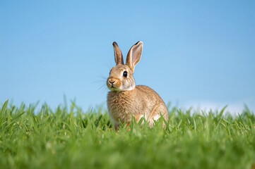 Obraz premium Cute little rabbit sitting in a grassy meadow under a clear sky, perfect for children's designs and wallpapers.