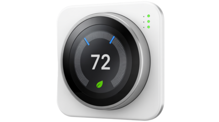 Smart thermostat displaying 72 degrees with leaf icon for energy saving