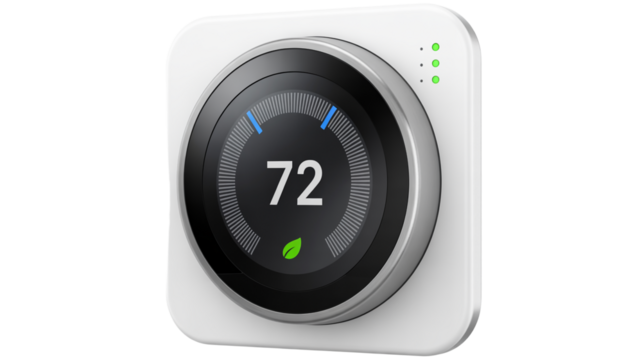 Smart thermostat displaying 72 degrees with leaf icon for energy saving