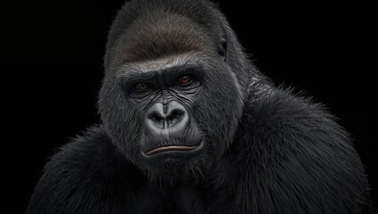 Fototapeta premium Close-up of a powerful silverback gorilla with an intense expression against a dark backdrop, the dominant leader of its group, the largest and most formidable primate on Earth.