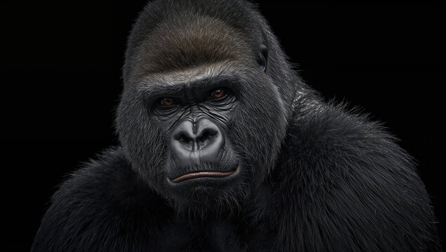 Close-up of a powerful silverback gorilla with an intense expression against a dark backdrop, the dominant leader of its group, the largest and most formidable primate on Earth. - Powered by Adobe
