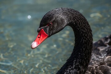 A black swan displays black plumage with white-edged feathers on its back, a fully black head and neck, a red beak featuring a white stripe, and red eyes.
