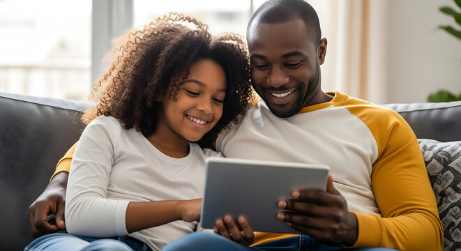 Happy father and daughter bonding using tablet technology at home - Powered by Adobe