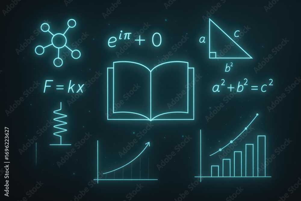 Poster glowing neon icons representing science education and mathematics formulas on a dark background phys