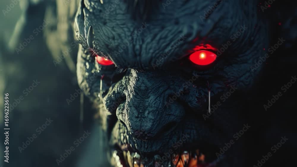 Poster a close-up shot of a demonic-looking face with horns and sharp teeth, suitable for use in horror or 