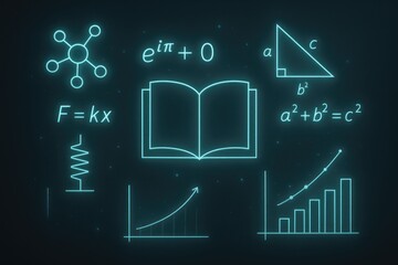 Glowing neon icons representing science education and mathematics formulas on a dark background physics