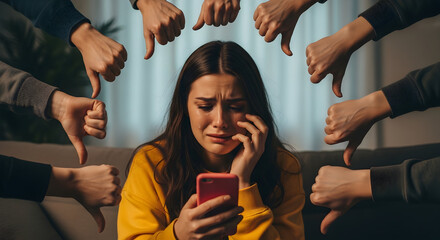 Young woman crying after receiving negative online feedback social media thumbs down disappointment stress anxiety depression