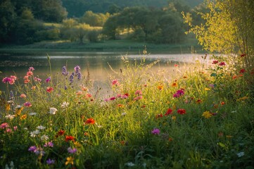 Fototapeta premium Profusion of wildflowers glowing gently by the lakeside