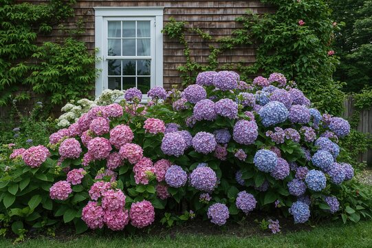 Lush garden filled with pink, purple, and blue hydrangeas in full bloom beside a charming house with a vintage window and wooden fence.