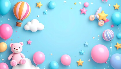Whimsical illustration of a pastel-colored baby shower scene. Includes balloons, stars, clouds, a hot air balloon, a teddy bear, and a baby carriage. Soft lighting and a joyful atmosphere 