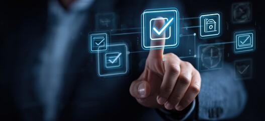 A hand interacts with glowing checkmark icons against a dark backdrop, implying completion and interaction
