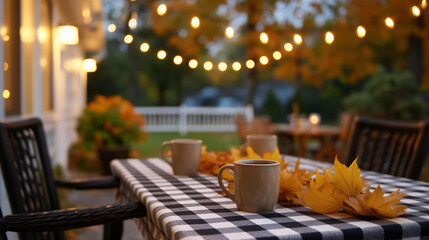 A cozy fall coffee shop patio with tables covered in checkered cloths steaming mugs of cider orange leaves scattered on the ground string lights glowing at dusk fall patio coz