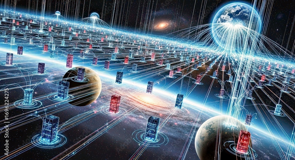 Wall mural abstract information network and glowing data stream