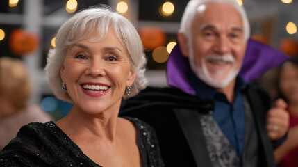 A lively group of senior men and women dancing at a Halloween party dressed as ghosts and vampires a spooky themed room with cobwebs and flickering 
