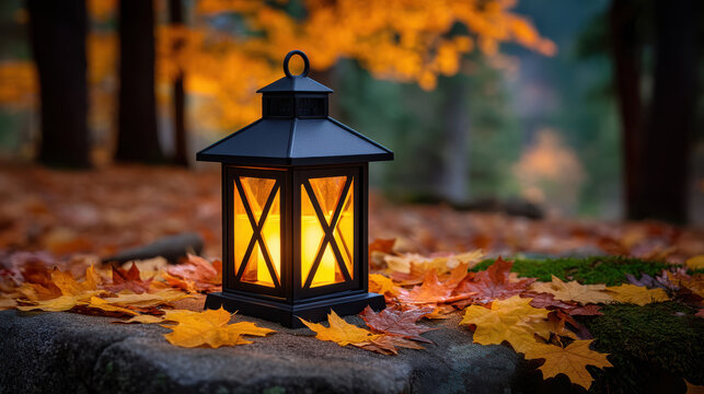 Moody autumn vibes glow from lantern surrounded by colorful fallen leaves on stone surface in peaceful forest setting