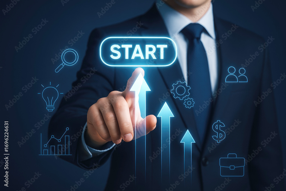 Poster man in suit interacting with a digital screen showing a start button and growth icons businessman to