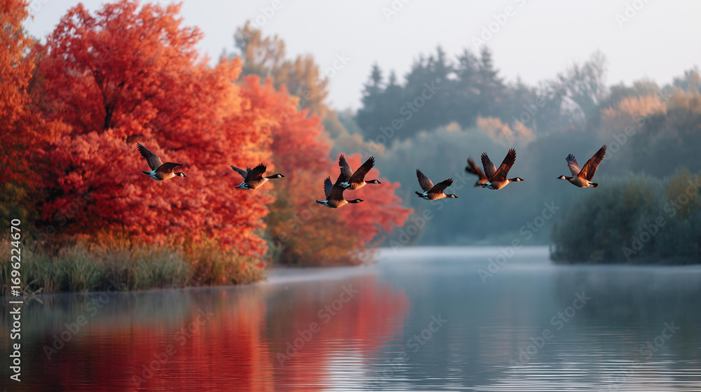 Poster a serene autumn lake scene with crimson and amber trees reflecting on calm water a flock of geese fl
