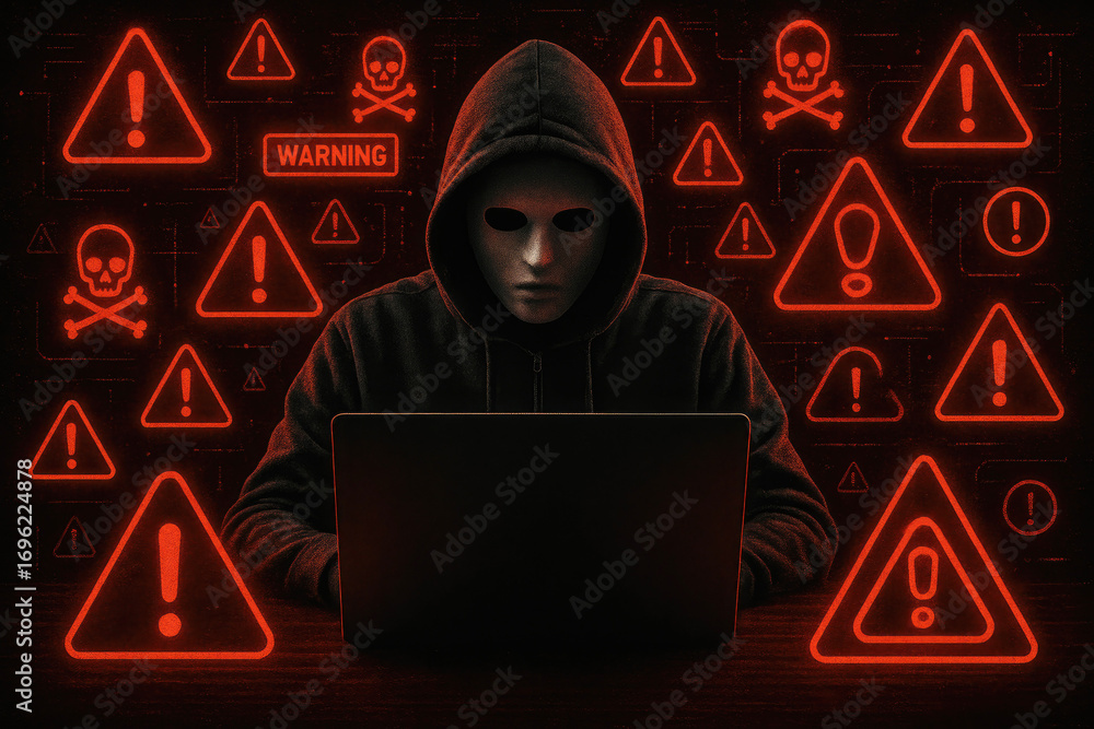 Poster masked hacker in hoodie using laptop with skull and crossbones and warning symbols in red computer