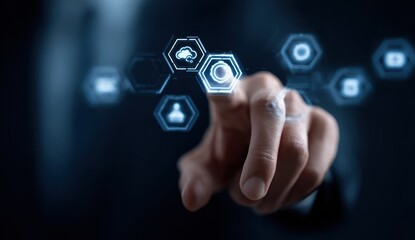 Hand touches hexagonal glowing icons against a blurry dark background, emphasizing connection and technological interaction