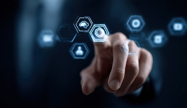 Hand touches hexagonal glowing icons against a blurry dark background, emphasizing connection and technological interaction - Powered by Adobe