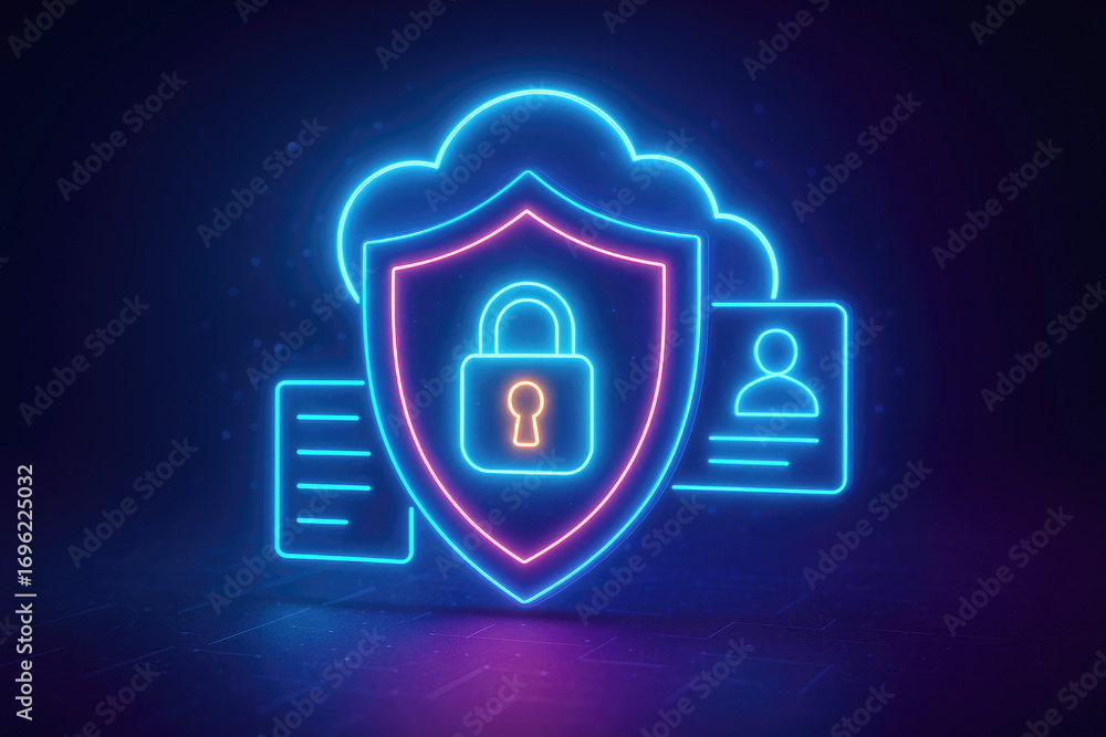 Poster neon cloud security shield with padlock and data icons on dark background cloud computing data prote