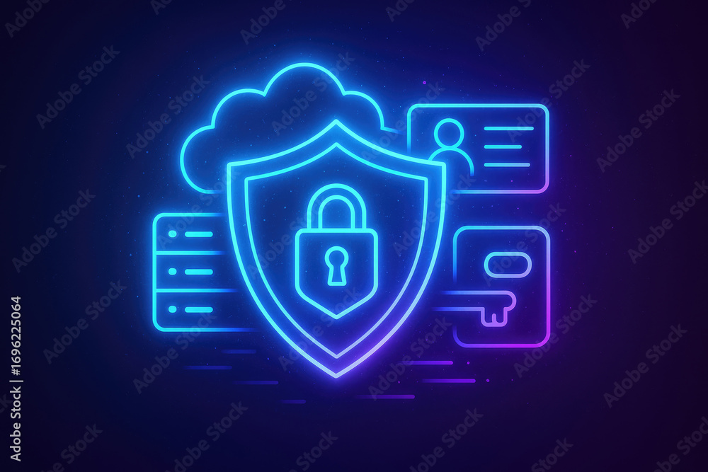 Poster neon cloud security shield with padlock server and key icons on dark background cloud computing data