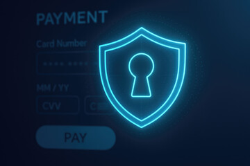 Neon blue shield with keyhole icon over digital payment interface with pay button security protection