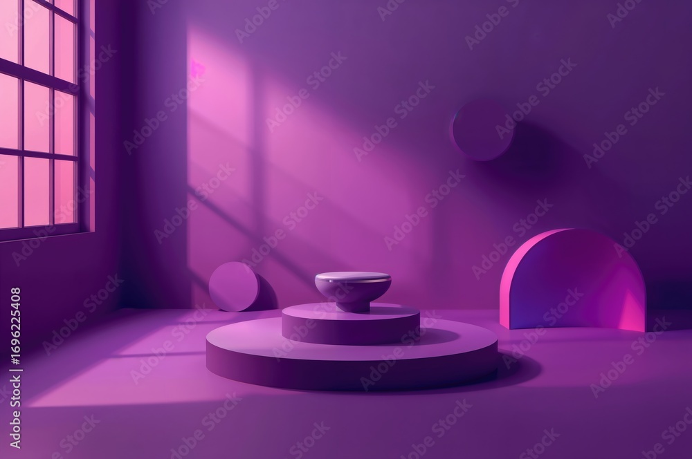 Poster purple abstract studio setting for showcasing products with window shadow effects and a blurred back