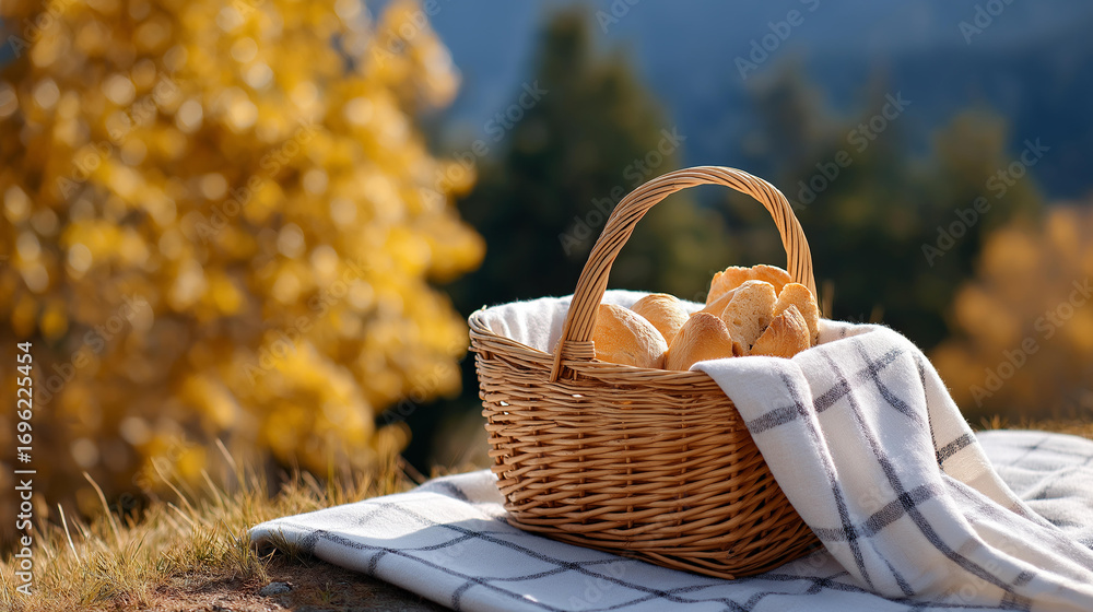 Poster a rustic fall picnic scene with a checkered blanket spread on a grassy hill a wicker basket filled w