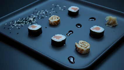 Elegant sushi platter with maki rolls, tamago, ginger, and sesame seeds, artistically arranged on a dark square plate for a sophisticated dining experience