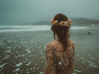 Lonely woman with long hair standing on cloudy beach facing ocean, back view with flowers in hair, peaceful solitude vector illustration for social media, blog graphics or mental health themes
