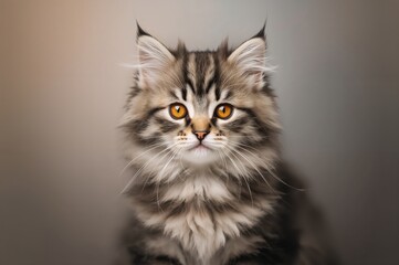 Artistic depiction of a long-haired gray tabby kitten with striking amber eyes