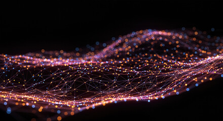 Digital Wave Network with Glowing Nodes and Interconnected Lines on Black Background