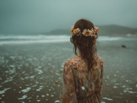 Lonely woman with long hair standing on cloudy beach facing ocean, back view with flowers in hair, peaceful solitude vector illustration for social media, blog graphics or mental health themes