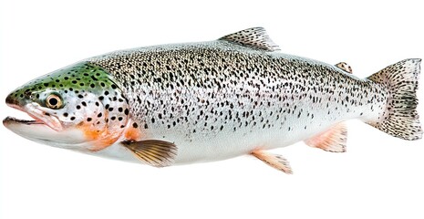 A whole, fresh trout. Has green and silver coloring with darker spots. Mouth is slightly open