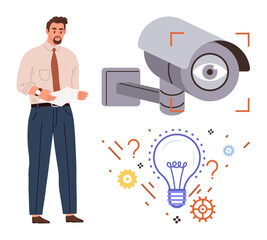 Man holding papers beside a surveillance camera. Light bulb with gears and question marks portrays innovation, ideas, problem-solving, security, decision-making, creativity, and analysis. Perfect