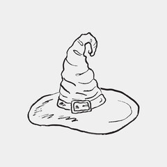 Hand-drawn sketch of a pointed witch's hat with a belt and buckle, perfect for Halloween themes. Vintage vector sketch illustration. Witchcraft, Halloween accessory, costume design