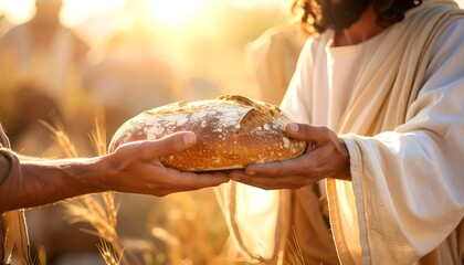 Jesus shares bread in a golden field