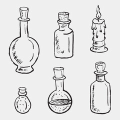 Hand-drawn set of various magical potion bottles and a melting candle for alchemy or witchcraft themes. Vintage vector sketch illustration. Potion bottles design, witch accessory
