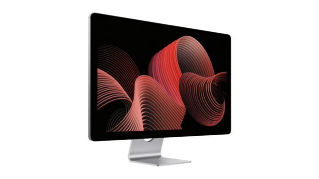 Sleek monitor displays dynamic abstract wave art, modern tech aesthetic