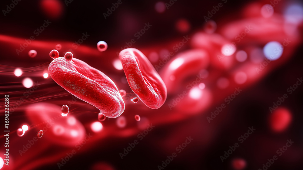 Poster a vibrant scene of erythrocytes rushing through a glowing red artery their shapes creating swirling 