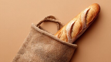 Top view Baguette in a burlap sack on a soft tan background. Minimalist aesthetic with warm, neutral tones