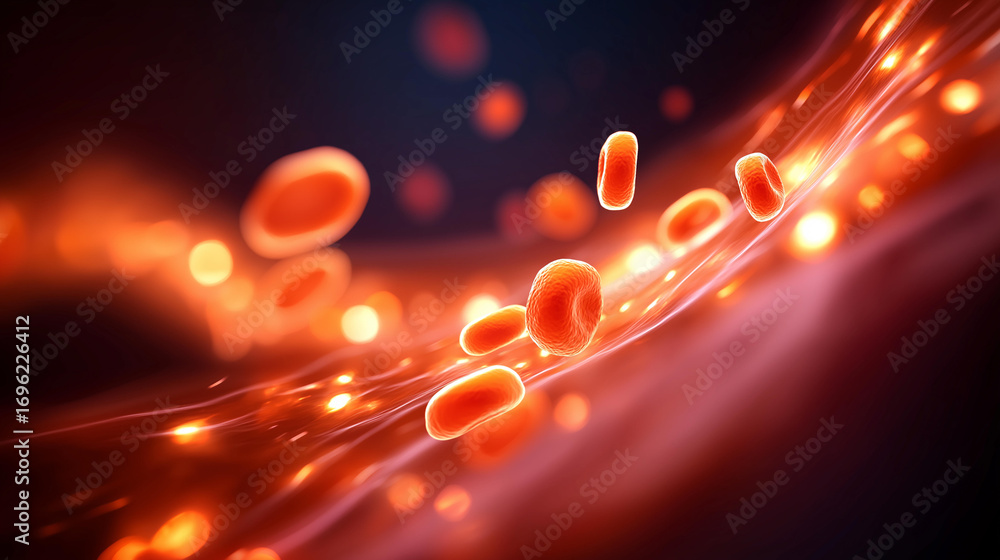 Poster a vibrant microscopic view of erythrocytes in motion red blood cells swirling through a glowing arte