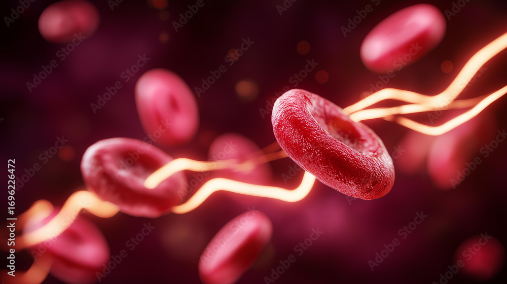 Poster a close up view of erythrocytes in a turbulent bloodstream colliding and bouncing like lively partic