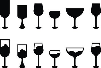 Wine glass icon set collection group in black flat style, beverage drink goblet cup symbol bundle, alcohol bar cocktail champagne liquor illustration, isolated on transparent background vector